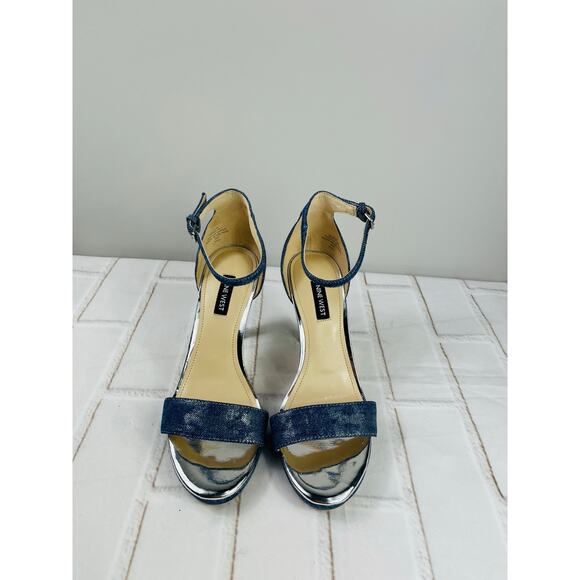 Nine West denim shimmery ankle strap heeled sandals size 7.5M - Picture 2 of 13